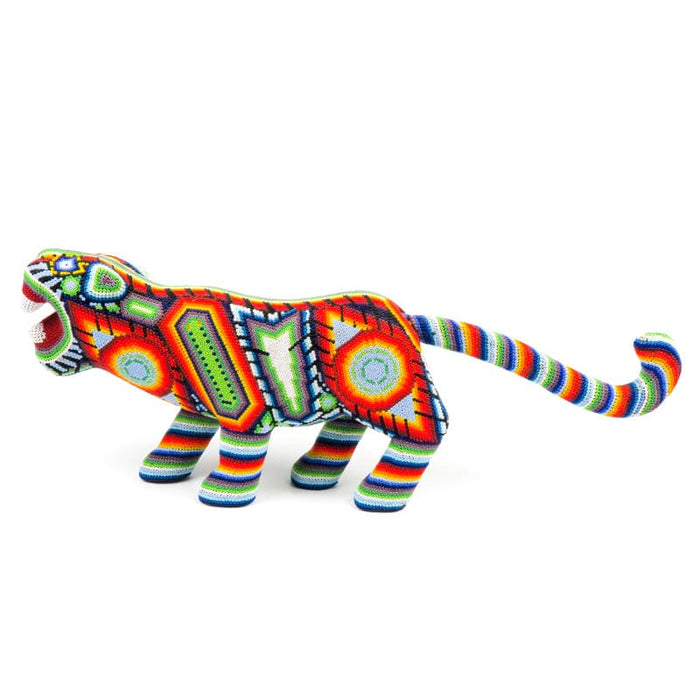 Huichol Beaded Jaguar Wood Carving - CEMCUI