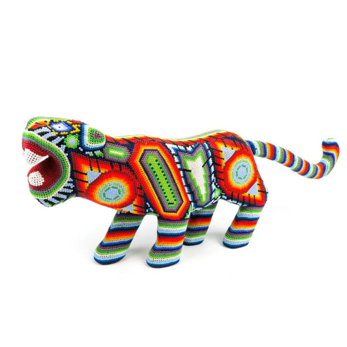 Huichol Beaded Jaguar Wood Carving - CEMCUI