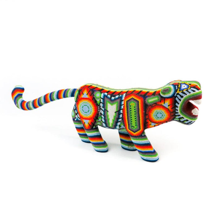 Huichol Beaded Jaguar Wood Carving - CEMCUI