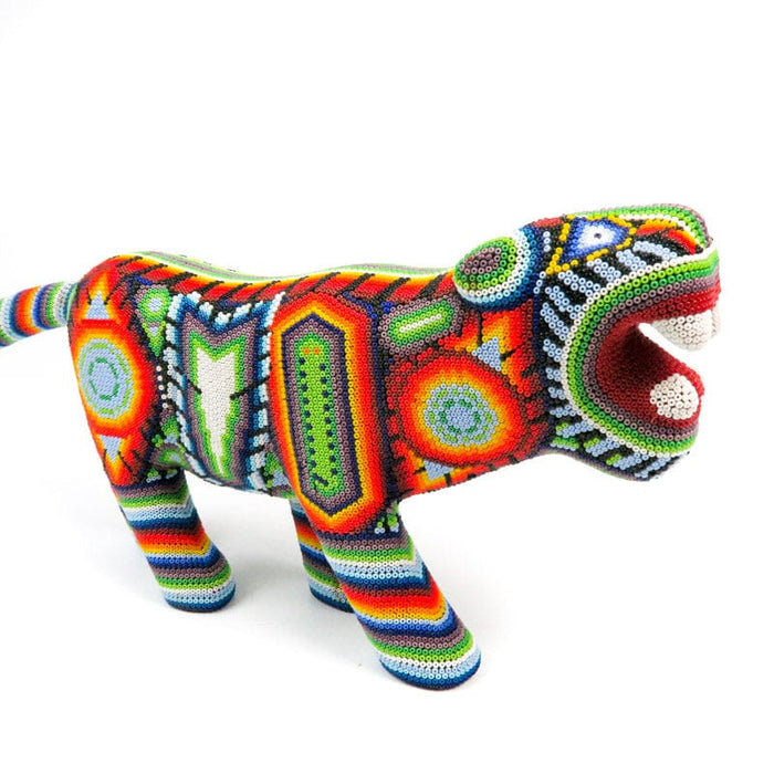 Huichol Beaded Jaguar Wood Carving - CEMCUI