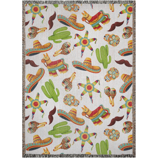 Mexican culture Woven Blanket with cute illustrations of sombreros, piñatas, maracas, cactus, calaveras, burritos, and bigotes (mustache) - CEMCUI