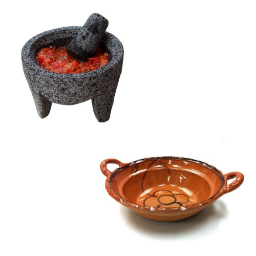 Mexico Clay and Volcanic Stone - Molcajete 7" and Serving/Cooking Cazuela 12" - CEMCUI