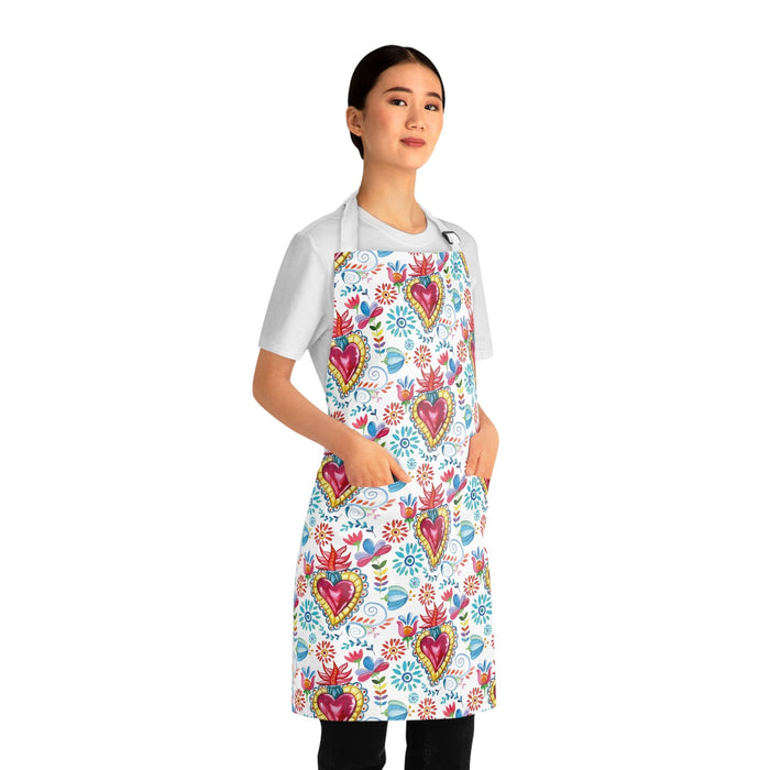 Milagritos mandil for her. Sacred hearts Apron. Mexican gift ideas for Mexican mom, Mexican wife or comadre. - CEMCUI