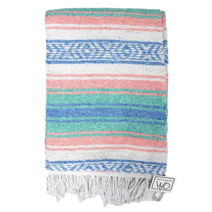 Mint, Blue & Coral Peach Mexican Falsa Blanket - CEMCUI