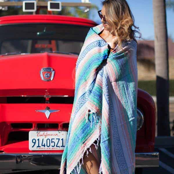 Mint, Blue & Coral Peach Mexican Falsa Blanket - CEMCUI