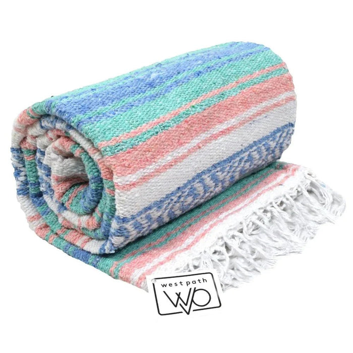 Mint, Blue & Coral Peach Mexican Falsa Blanket - CEMCUI