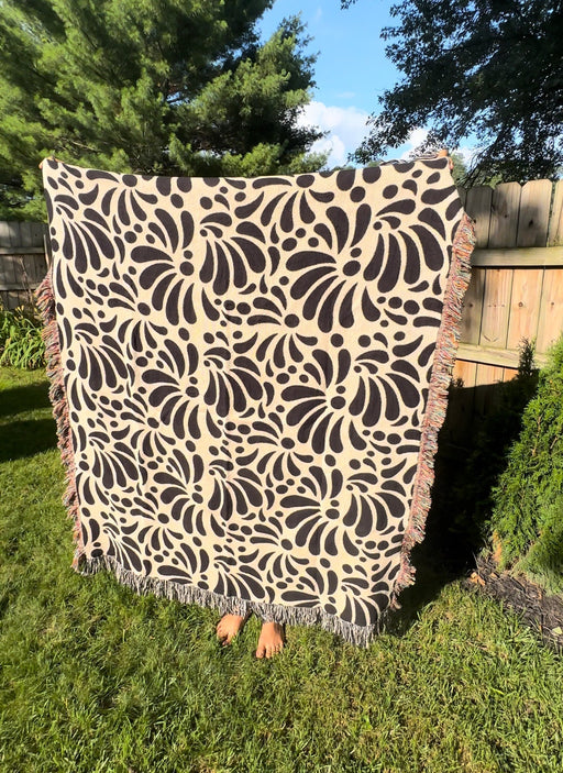 Modern Mexican WOVEN Blanket For Her Or Him. Black And Beige Talavera. Cotton Blanket With Mexican Art. Christmas Gift - CEMCUI