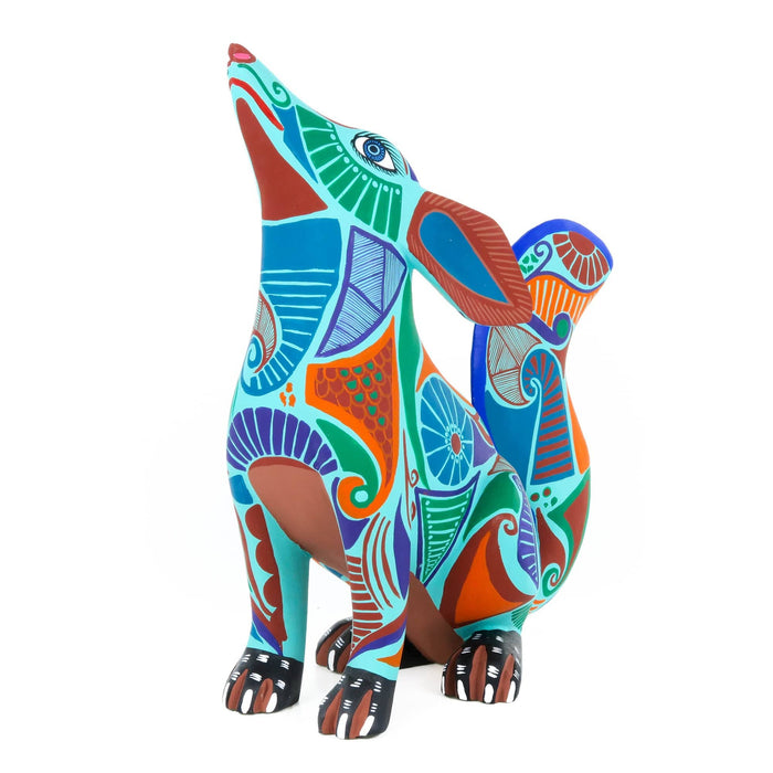 Modern Turquoise Coyote - Oaxacan Alebrije Wood Carving - CEMCUI