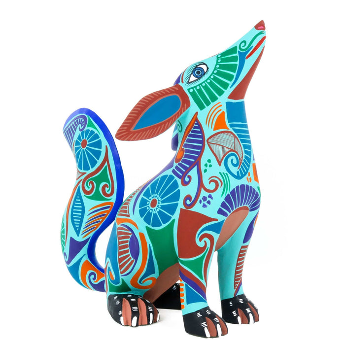 Modern Turquoise Coyote - Oaxacan Alebrije Wood Carving - CEMCUI