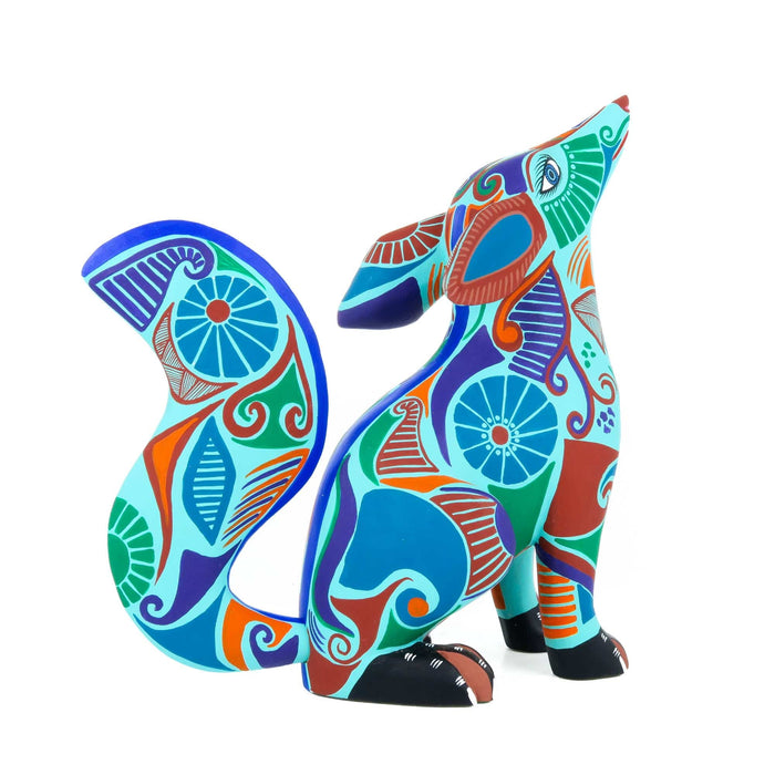 Modern Turquoise Coyote - Oaxacan Alebrije Wood Carving - CEMCUI