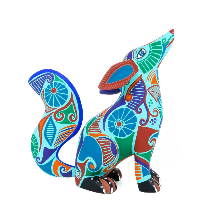 Modern Turquoise Coyote - Oaxacan Alebrije Wood Carving - CEMCUI