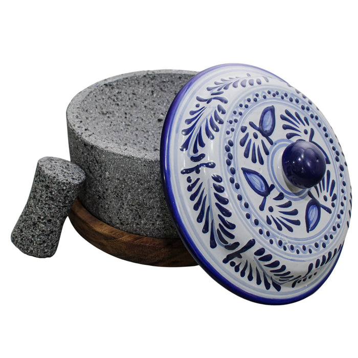 Molcajete Chilmamolli 10 in with wooden base and talavera lid - CEMCUI