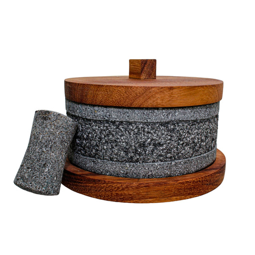 Molcajete Yolia 8" With Wooden Lid and Base - CEMCUI