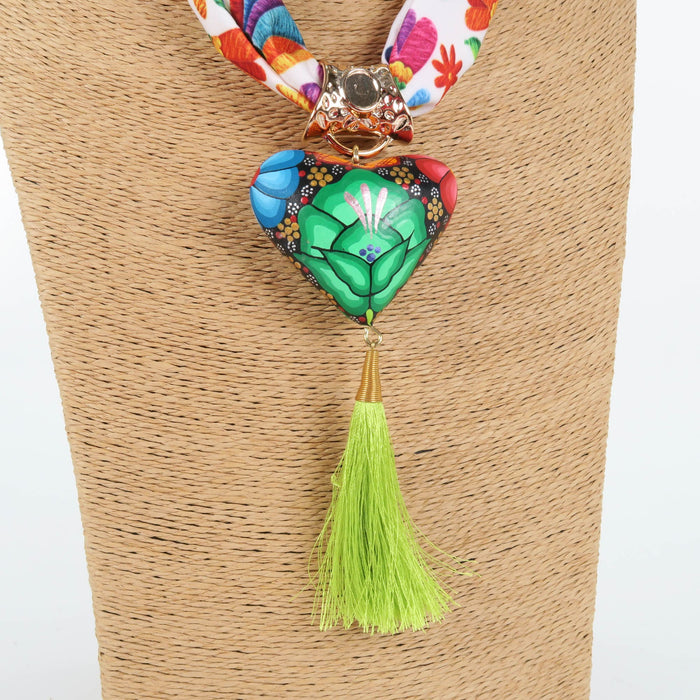 Oaxacan Alebrije Wood Carving Heart & Flowers Necklace - CEMCUI