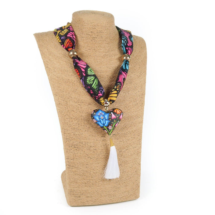 Oaxacan Alebrije Wood Carving Heart & Flowers Necklace - CEMCUI