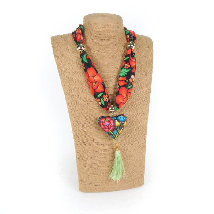 Oaxacan Alebrije Wood Carving Heart & Flowers Necklace - CEMCUI