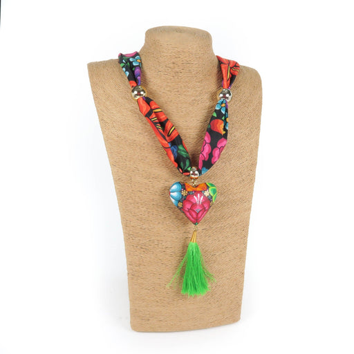 Oaxacan Alebrije Wood Carving Heart & Flowers Necklace - CEMCUI