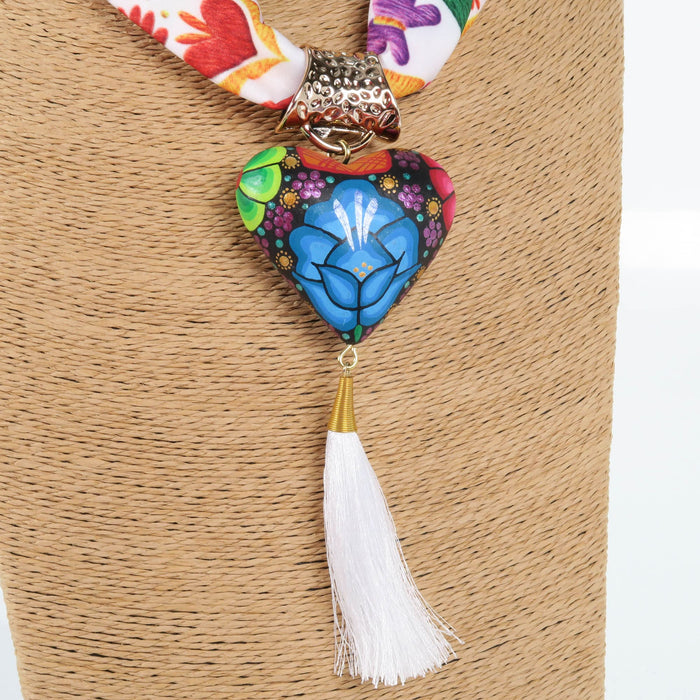 Oaxacan Alebrije Wood Carving Heart & Flowers Necklace - CEMCUI