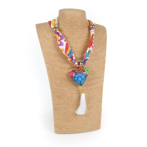 Oaxacan Alebrije Wood Carving Heart & Flowers Necklace - CEMCUI