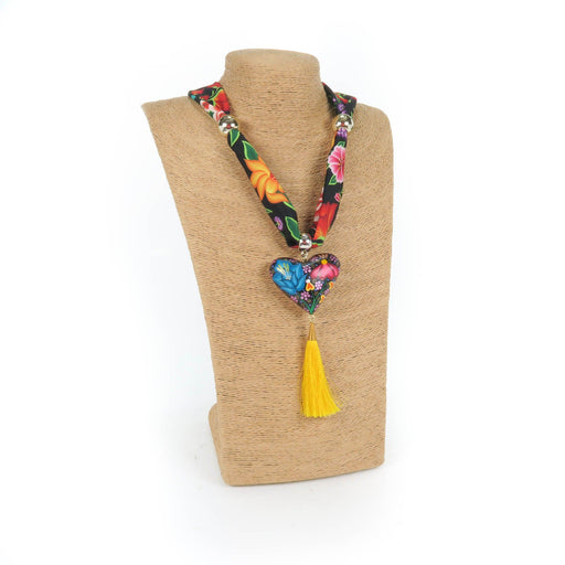 Oaxacan Alebrije Wood Carving Heart & Flowers Necklace - CEMCUI