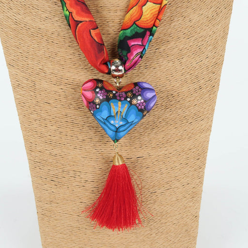 Oaxacan Alebrije Wood Carving Heart & Flowers Necklace - CEMCUI