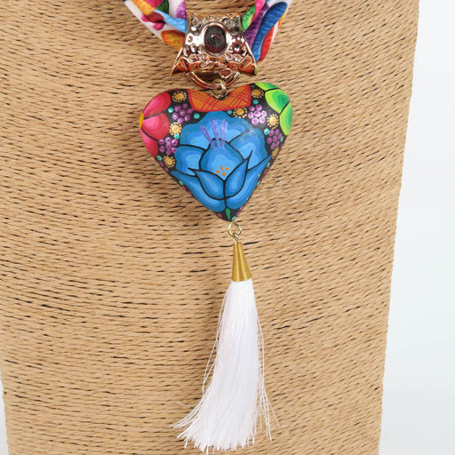 Oaxacan Alebrije Wood Carving Heart & Flowers Necklace - CEMCUI