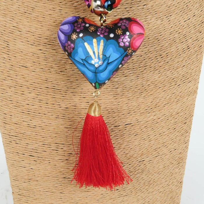 Oaxacan Alebrije Wood Carving Heart & Flowers Necklace - CEMCUI