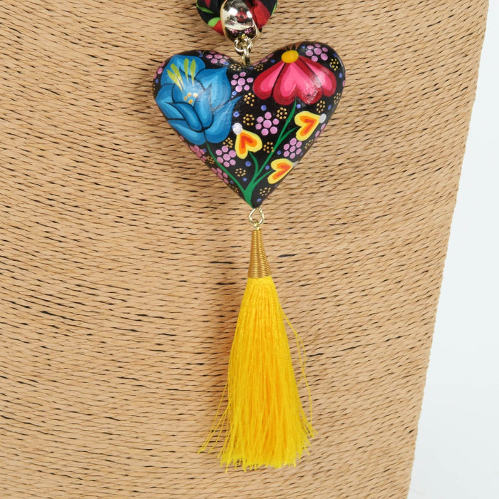 Oaxacan Alebrije Wood Carving Heart & Flowers Necklace - CEMCUI