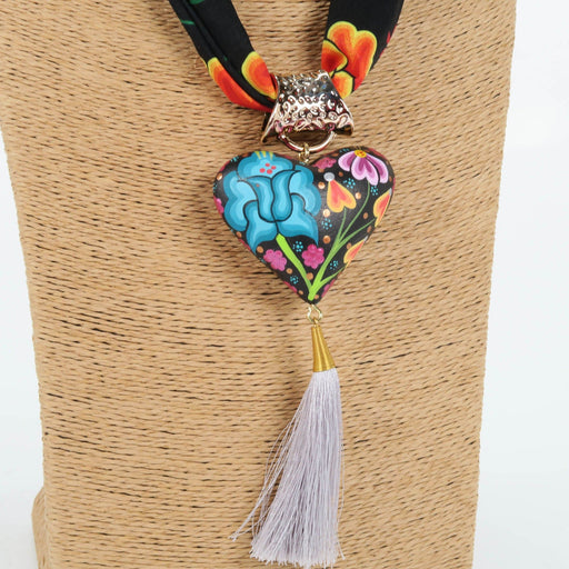 Oaxacan Alebrije Wood Carving Heart & Flowers Necklace - CEMCUI