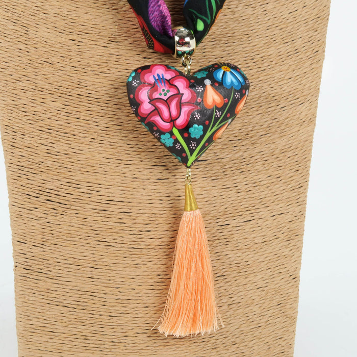 Oaxacan Alebrije Wood Carving Heart & Flowers Necklace - CEMCUI