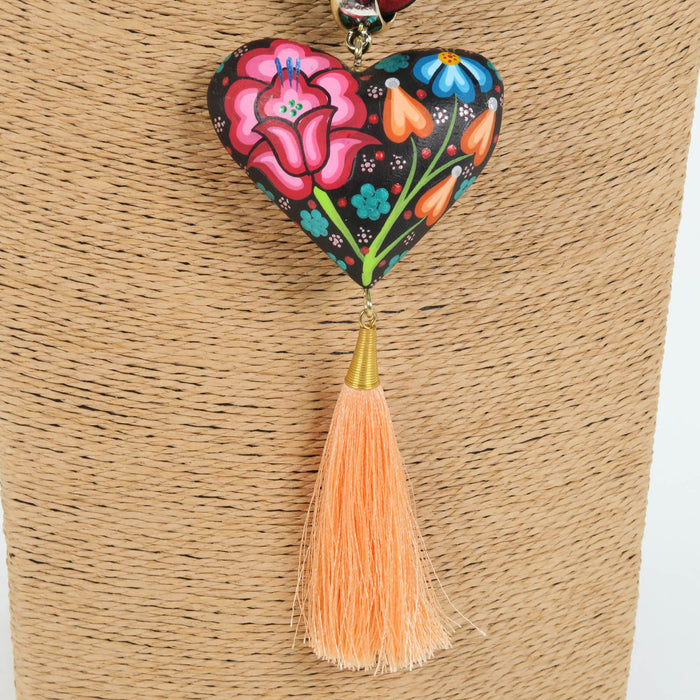 Oaxacan Alebrije Wood Carving Heart & Flowers Necklace - CEMCUI