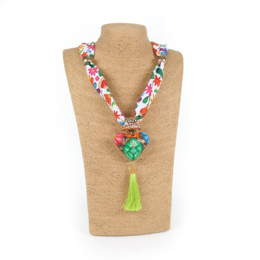 Oaxacan Alebrije Wood Carving Heart & Flowers Necklace - CEMCUI