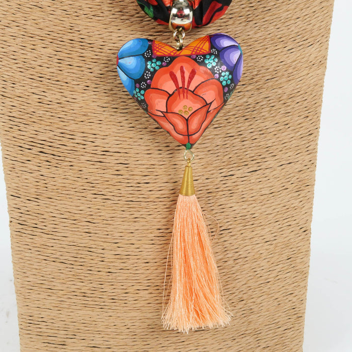 Oaxacan Alebrije Wood Carving Heart & Flowers Necklace - CEMCUI