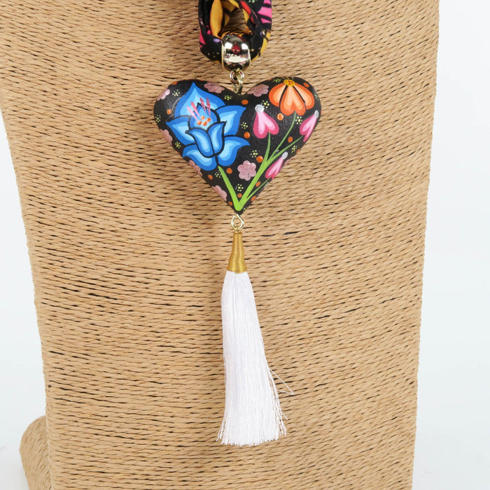 Oaxacan Alebrije Wood Carving Heart & Flowers Necklace - CEMCUI