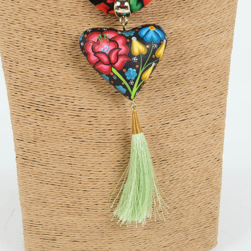 Oaxacan Alebrije Wood Carving Heart & Flowers Necklace - CEMCUI