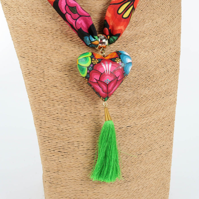 Oaxacan Alebrije Wood Carving Heart & Flowers Necklace - CEMCUI