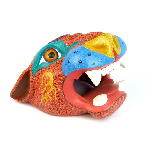 Orange Jaguar Head - Oaxacan Alebrije Wood Carving - CEMCUI