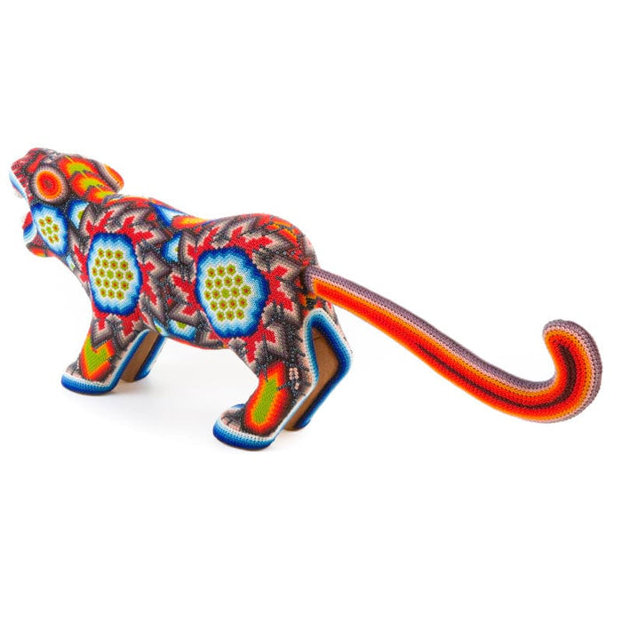 Red Huichol Beaded Jaguar Wooden Sculpture - CEMCUI