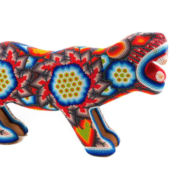 Red Huichol Beaded Jaguar Wooden Sculpture - CEMCUI