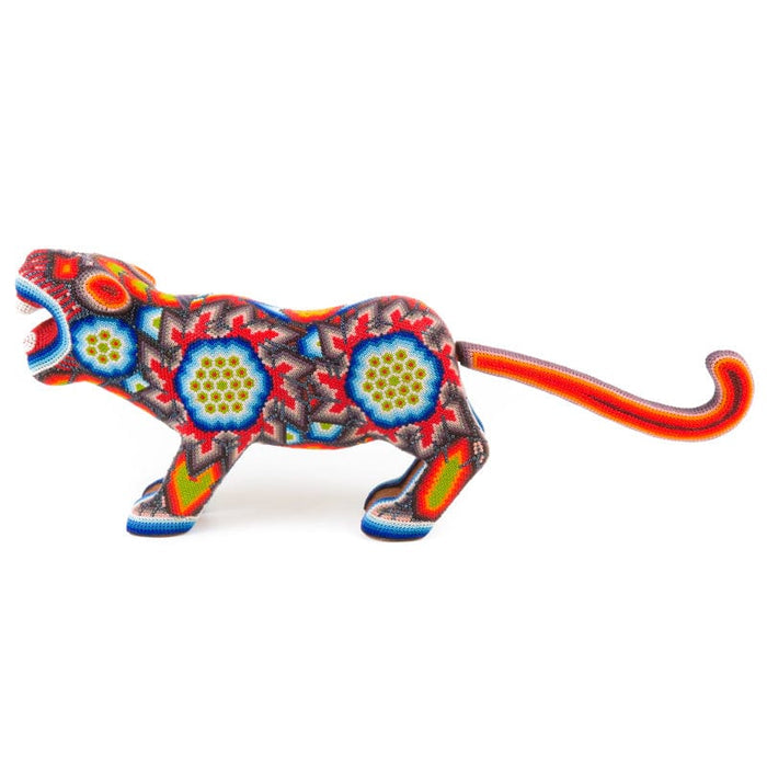 Red Huichol Beaded Jaguar Wooden Sculpture - CEMCUI