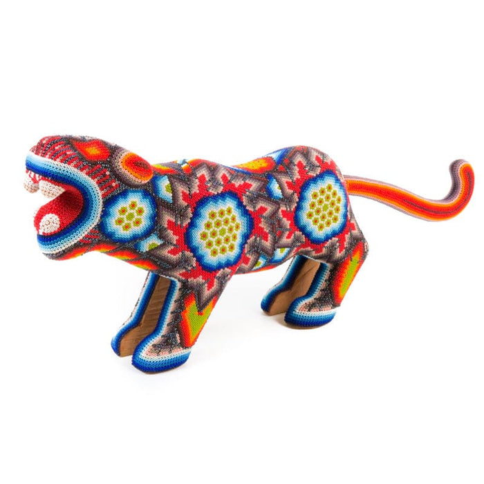 Red Huichol Beaded Jaguar Wooden Sculpture - CEMCUI