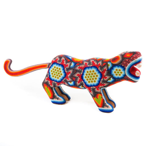 Red Huichol Beaded Jaguar Wooden Sculpture - CEMCUI