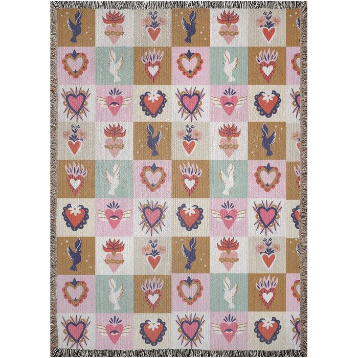 Sacred hearts and doves Woven Blanket. Mexican folk art. Mexican home decor. Cute picnic blanket - CEMCUI