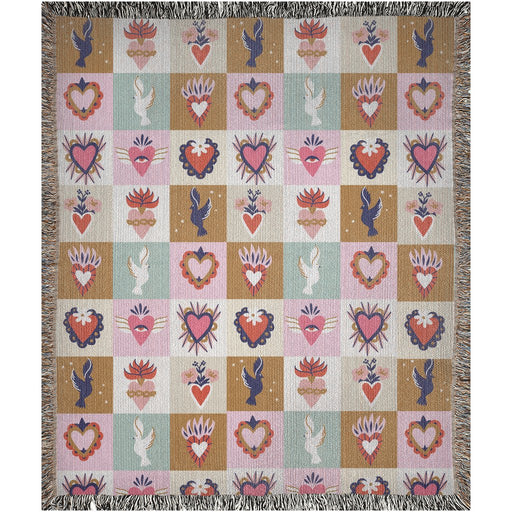 Sacred hearts and doves Woven Blanket. Mexican folk art. Mexican home decor. Cute picnic blanket - CEMCUI