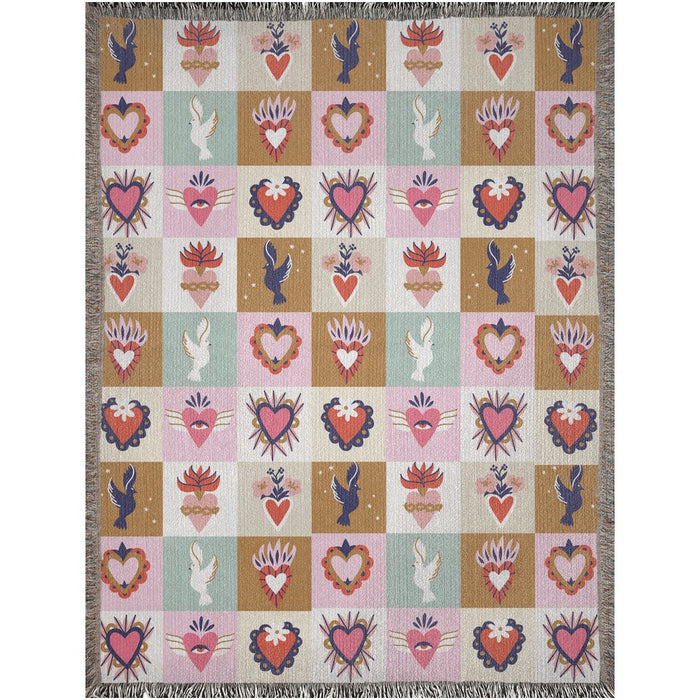 Sacred hearts and doves Woven Blanket. Mexican folk art. Mexican home decor. Cute picnic blanket - CEMCUI