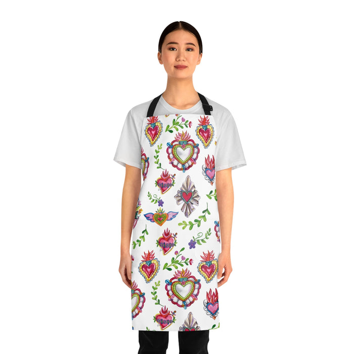 Sacred hearts Apron for mom. Mother’s Day gift for Mexican mom. Mexican aprons with milagritos. - CEMCUI