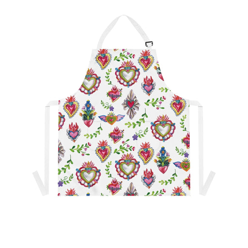 Sacred hearts Apron for mom. Mother’s Day gift for Mexican mom. Mexican aprons with milagritos. - CEMCUI