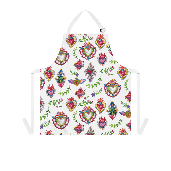 Sacred hearts Apron for mom. Mother’s Day gift for Mexican mom. Mexican aprons with milagritos. - CEMCUI