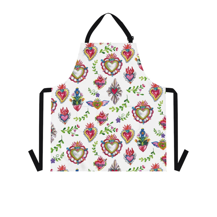 Sacred hearts Apron for mom. Mother’s Day gift for Mexican mom. Mexican aprons with milagritos. - CEMCUI