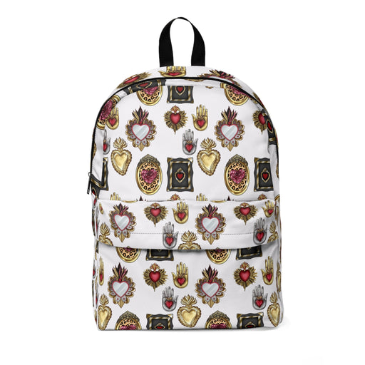 Sacred hearts Backpack for her. Back to school 2023 with this Mexican book bag. Golden, white, black and red backpack with holy hearts. - CEMCUI